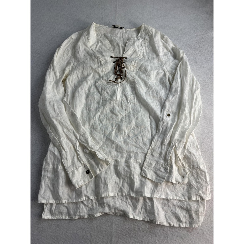 Adrienne Vittadini Blouse Womens M White Lace Up Long Sleeve Linen Tunic
